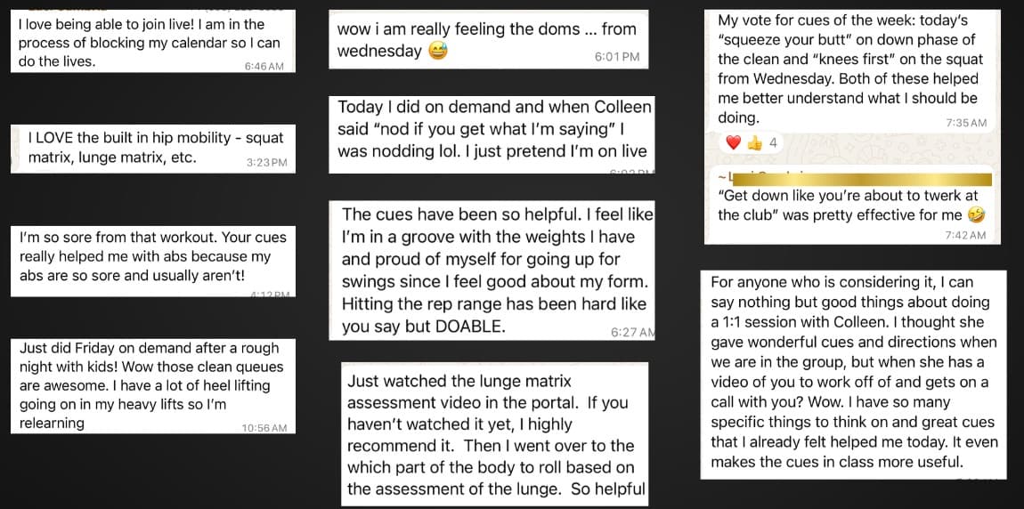 Messages from Rebel Bells members in the community chat about live classes, cues and progress