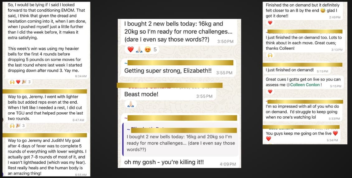 More Rebel Bells community chat messages: heavier bells, on demand workouts and cheering each other on