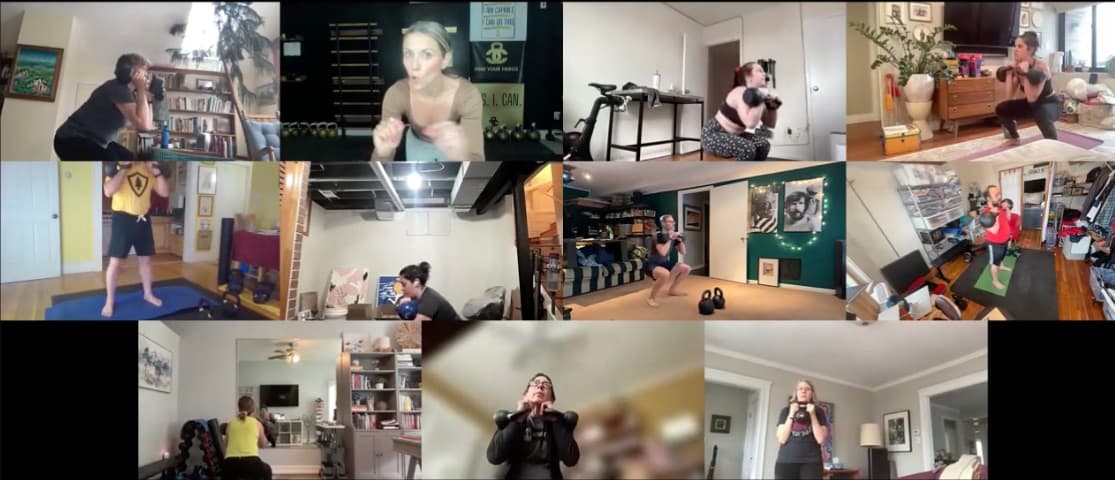 A Rebel Bells live Zoom class: members training with kettlebells in their homes, Colleen coaching